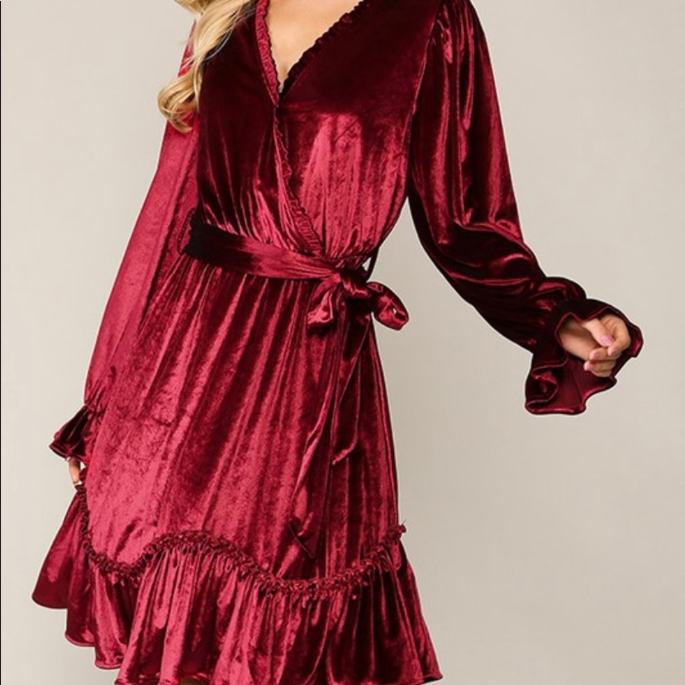 Velvet Surplice Belt Tie Ruffled Dress